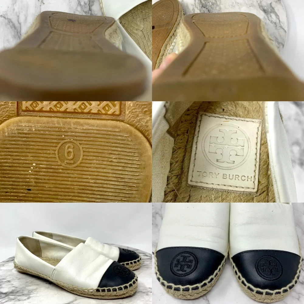 Tory Burch Color-Block Black/Cream Leather Espadrilles 6 Euro Summer Classic